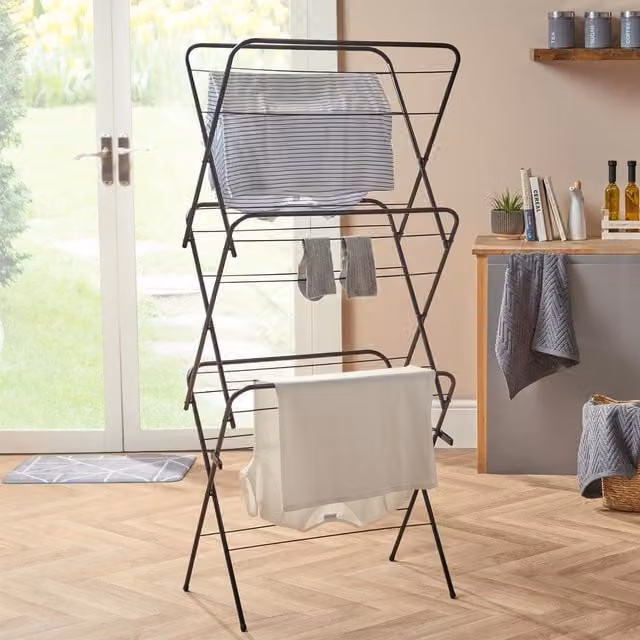 OHS 3 Tier Foldable Metal Clothing Airer Rack in Black