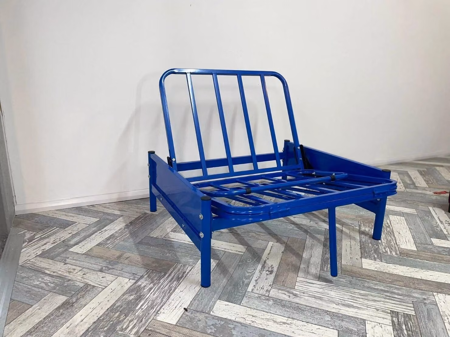 Cheap Furniture Warehouse Single Metal Futon Frame in Glossy Blue, W: 120 cm, H: 88 cm, D: 75 cm
