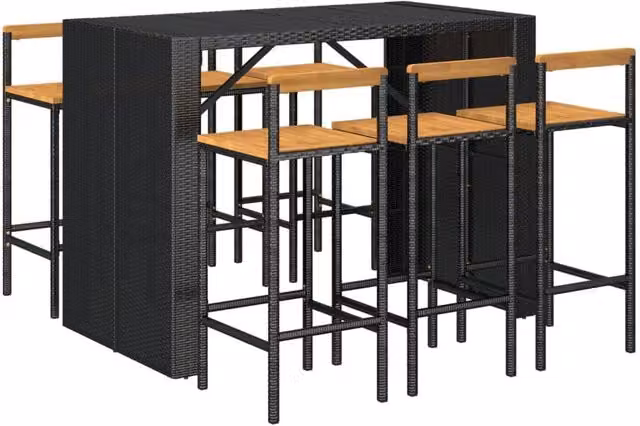 Berkfield Home Beautiful 7 Piece Black Poly Rattan and Solid Acacia Wood Garden Bar Set – 1