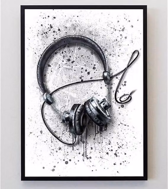 Pics and Squiggles Abstract Headphones Illustration Art Print, Black, A5