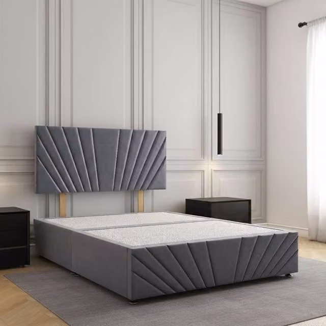 Regional Furnishings Luxury Velvet Divan Bed with 24 inch Headboard and Footboard in Charcoal Grey, W/D/H: 180 x 200 cm