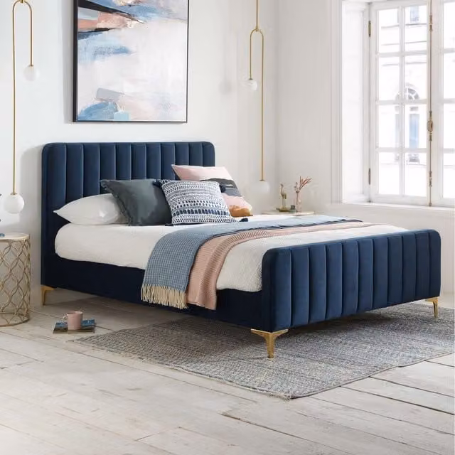 Birlea Charles Midnight Blue Velvet Upholstered Bed Frame, W: 180 cm, D: 200 cm