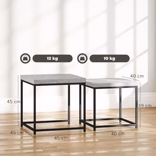 HOMCOM Nest of 2 Coffee Tables with 3.5 cm Thick MDF Tops and Metal Frame, Grey, W/D/H: 45 x 45 x 45 cm – 3