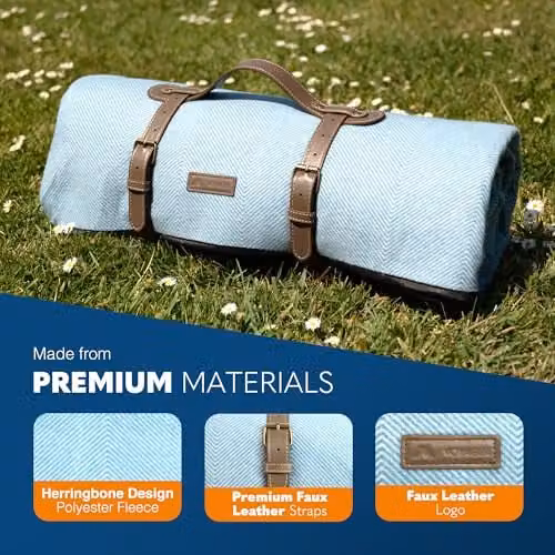 Voyager Blue Herringbone Picnic Blanket, W/D/H: 200 x 200 x 1 cm, Waterproof and Sandproof Foldable Outdoor Mat with Carry Handle – 5