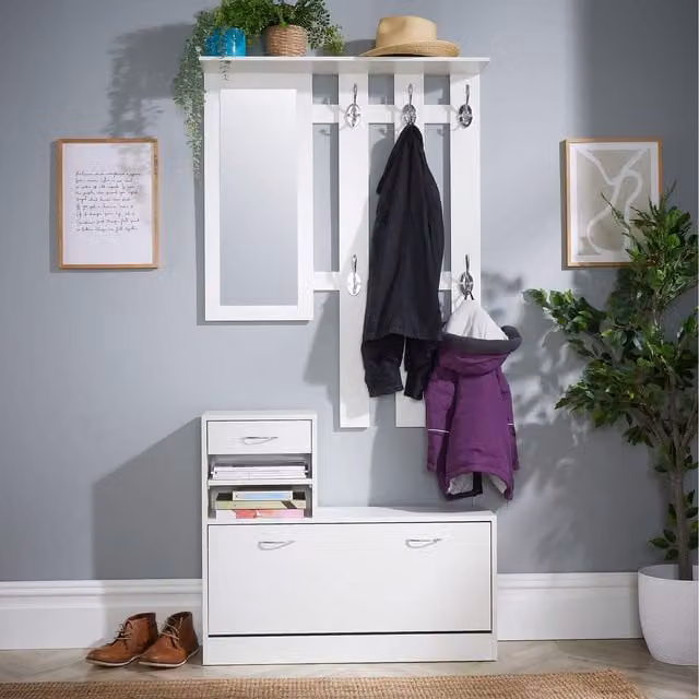 Home Source Darfield Modern Wall Mounted Coat Rack with Distributed Point Hooks in White