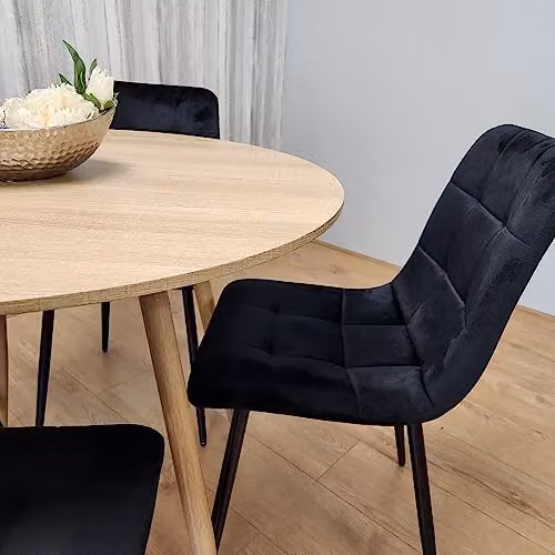 KOSY KOALA Round Oak Dining Table and 4 Black Velvet Chairs Set, W/D/H: 90 x 90 x 75 cm – 4