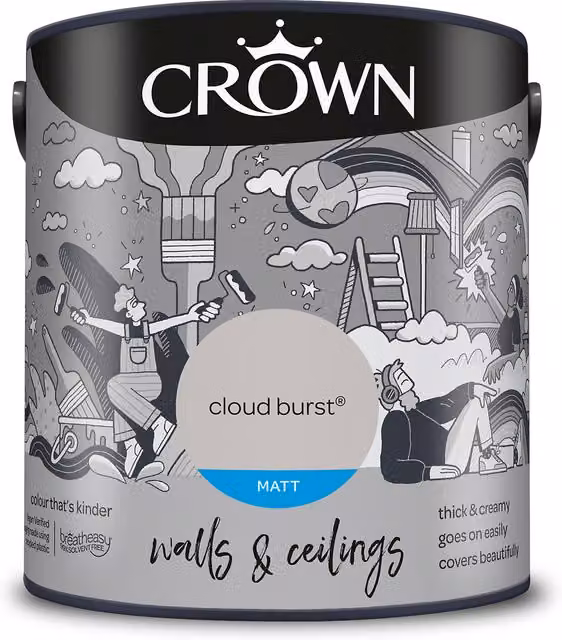 Crown Matt Breatheasy Emulsion Paint - Cloud Burst Grey Solvent-Free Water-Based Dispersion