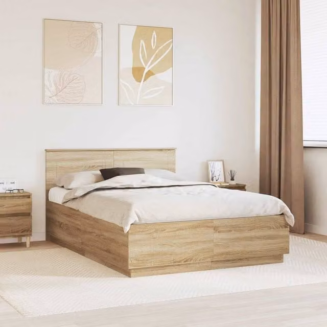 Berkfield Home Sonoma Oak Bed Frame in Brown with Lift Up Base and USB Charging Port, W/D/H: 160 x 200 cm