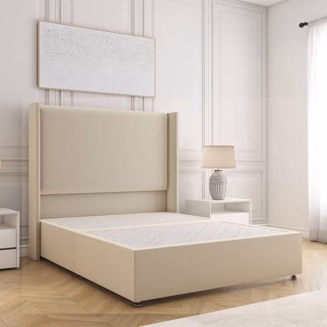 BSSPOKE Austin Single Divan Bed with 54 inch Plush Velvet Headboard in Beige