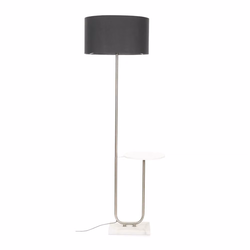 ValueLights Floor Lamp with Marble Base and Large Grey Fabric Shade in Chrome and Silver – 2