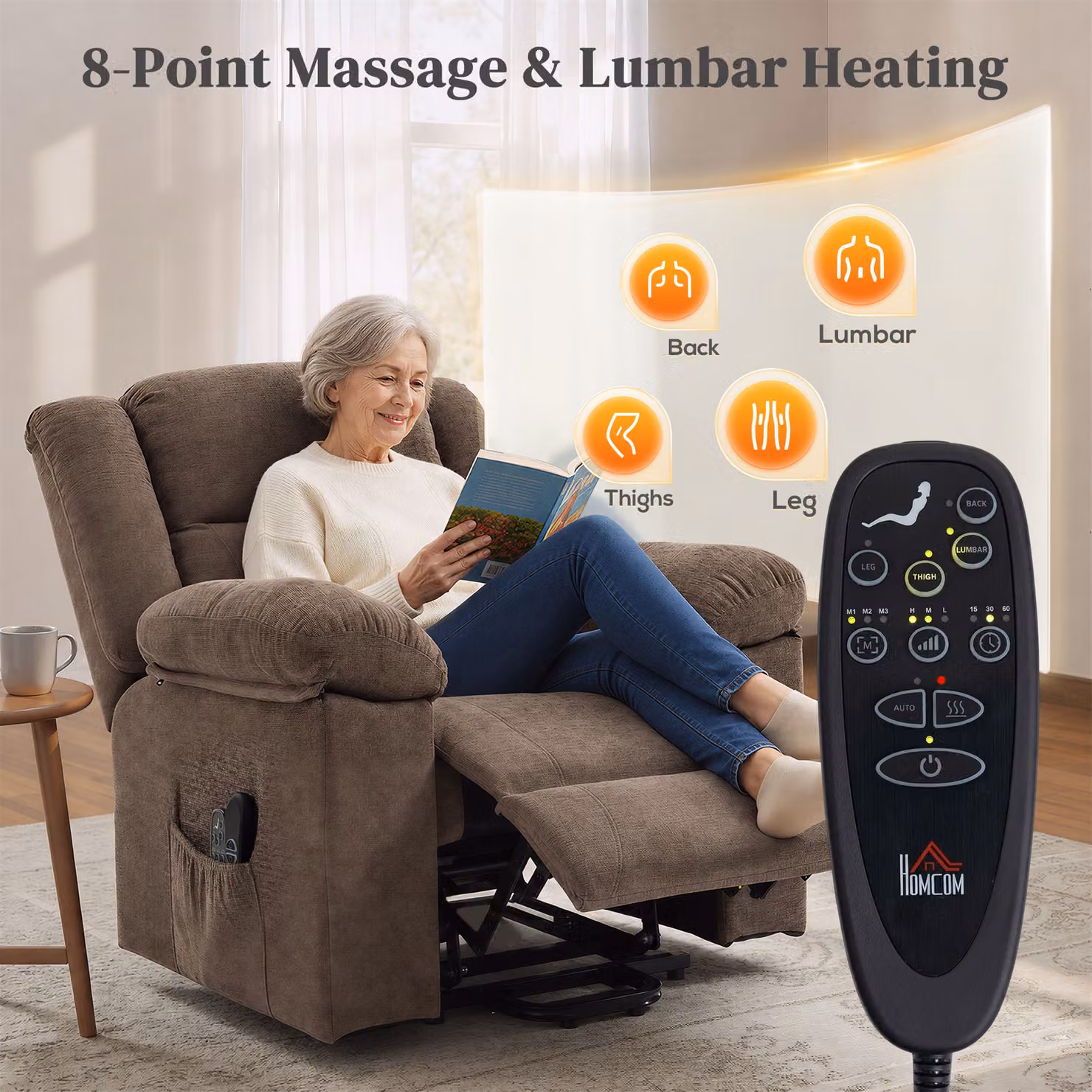 HOMCOM Oversized Power Lift Riser Recliner Chair with Massage and Heat in Brown – 5