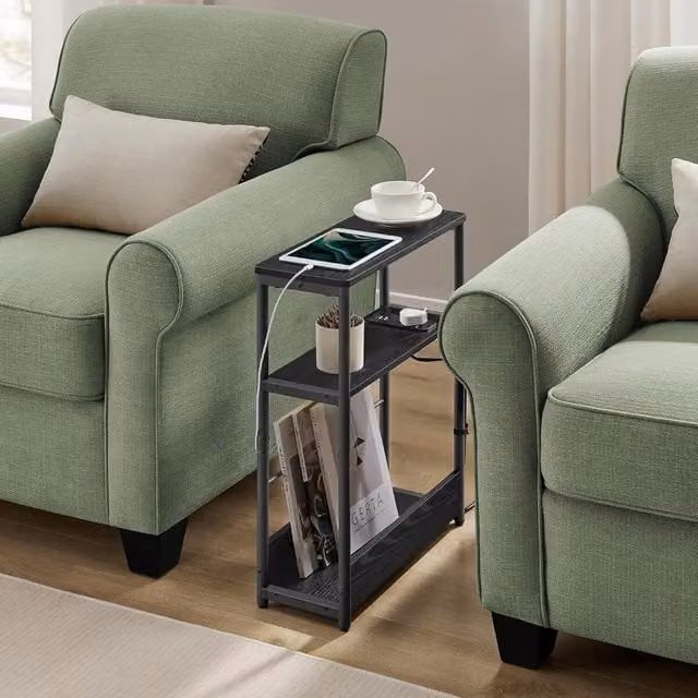 The Bazaarist Narrow Charging Bedside Table with Magazine Rack in Black