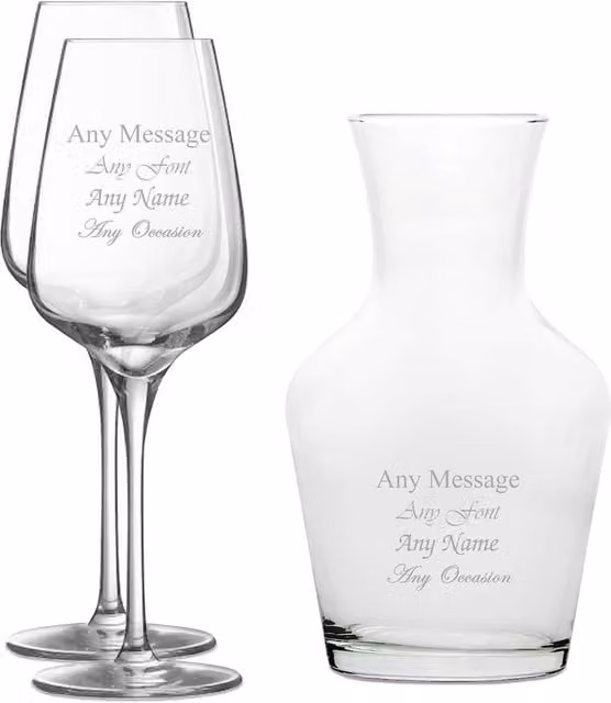 Uniqueful Personalised Engraved Wine Glass and Carafe Set, Clear, 500ml