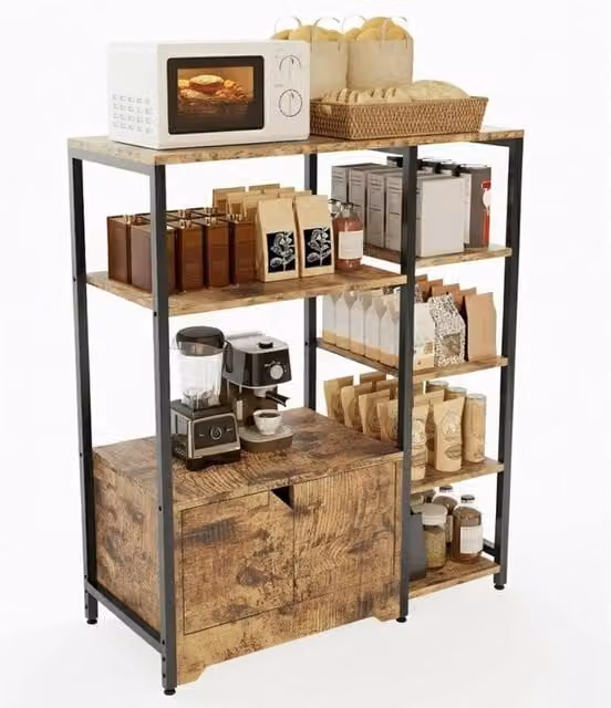 VOGREX Mini Coffee Bar Cabinet Rustic Brown Wood and Metal Storage Sideboard with Doors – 1