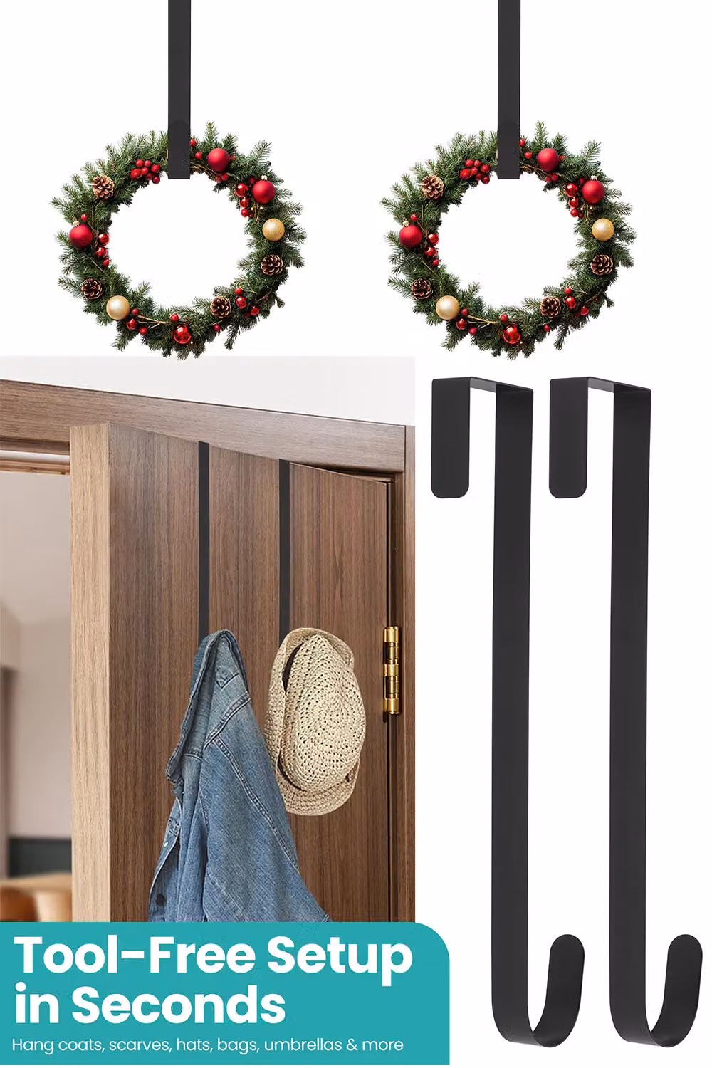 Neel Blue 2-Piece Set of White Metal Wreath Door Hangers with Black Adjustable Hooks – 4