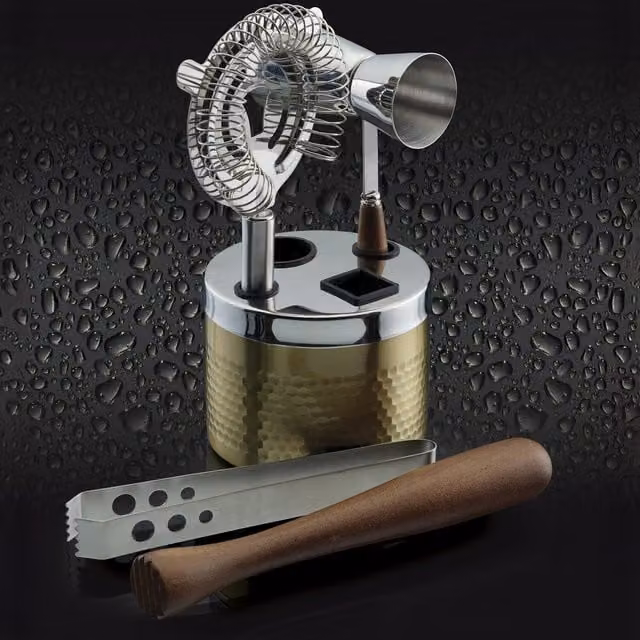 BarCraft Five Piece Hammered Brass Finish Cocktail Tool Set in Gold