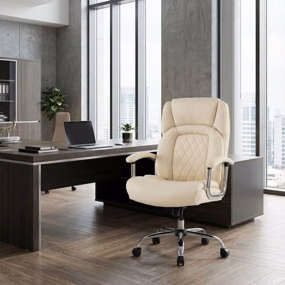 Costway Modern Executive Office Chair in Beige PU Leather with Headrest and Armrests – 4