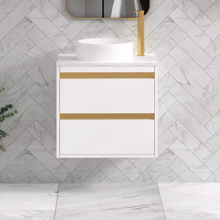 Royal Bathrooms Orion 800mm Matt White Wall Hung Vanity Unit with 2 Drawers, Round Basin and Gold Accent Trim