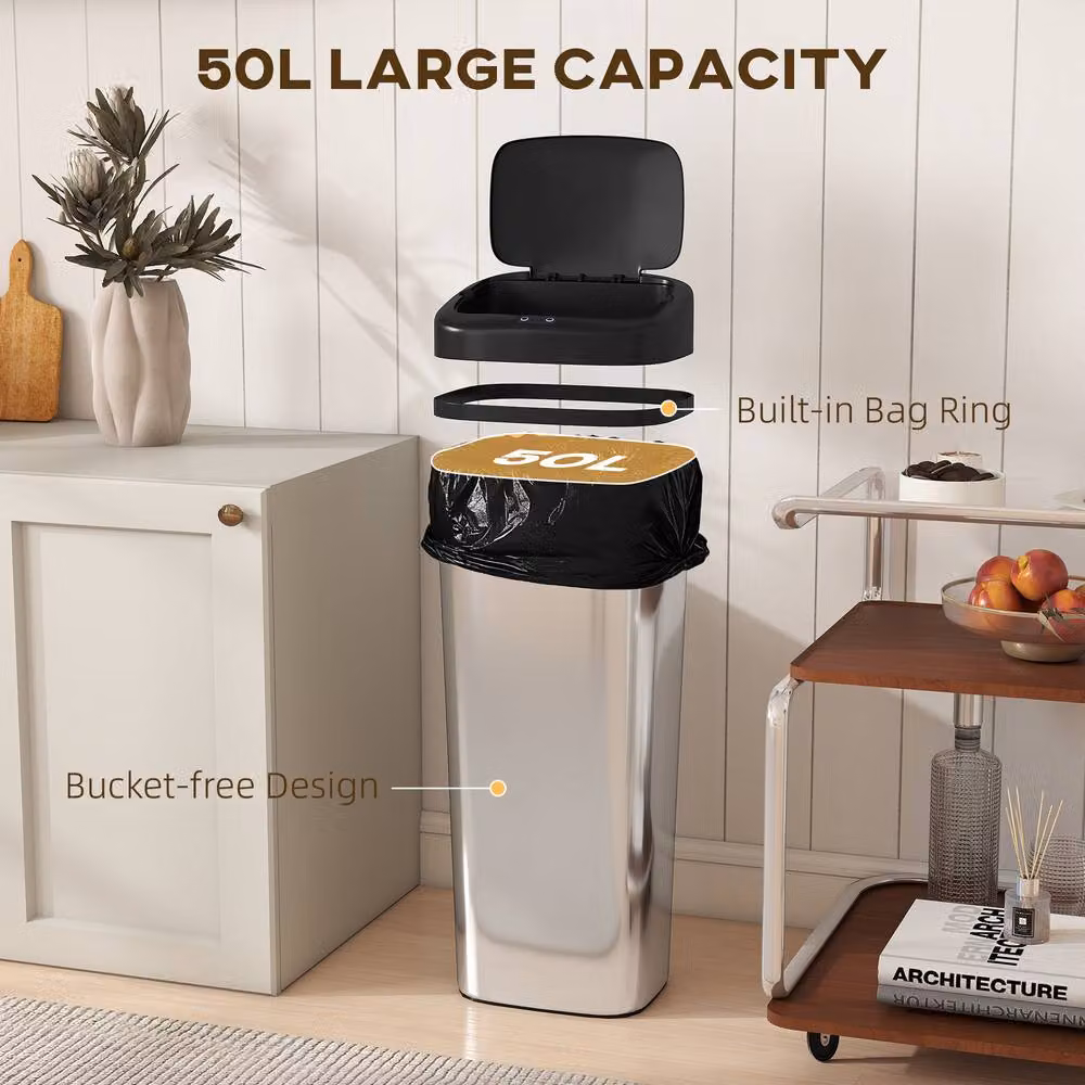 STILVORA 50L Sensor Bin with Bag-Fixing Ring in Silver Stainless Steel – 5