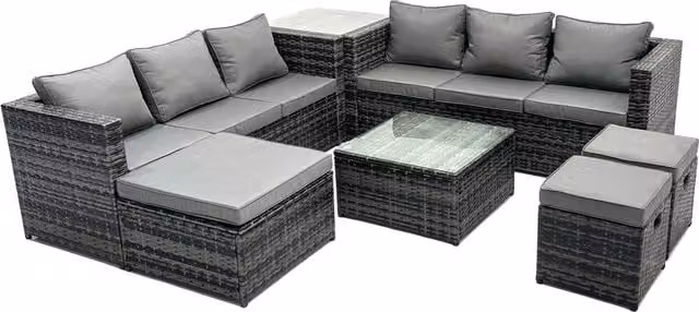 Fimous 9 Seater Patio Lounge Sofa Set with Side Table and 3 Footstools in Dark Grey – 1