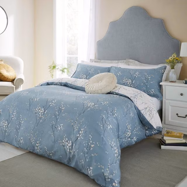 Laura Ashley Pussy Willow Floral Cotton Mako Satin Duvet Cover and Pillowcase Set in Dark Seaspray Blue