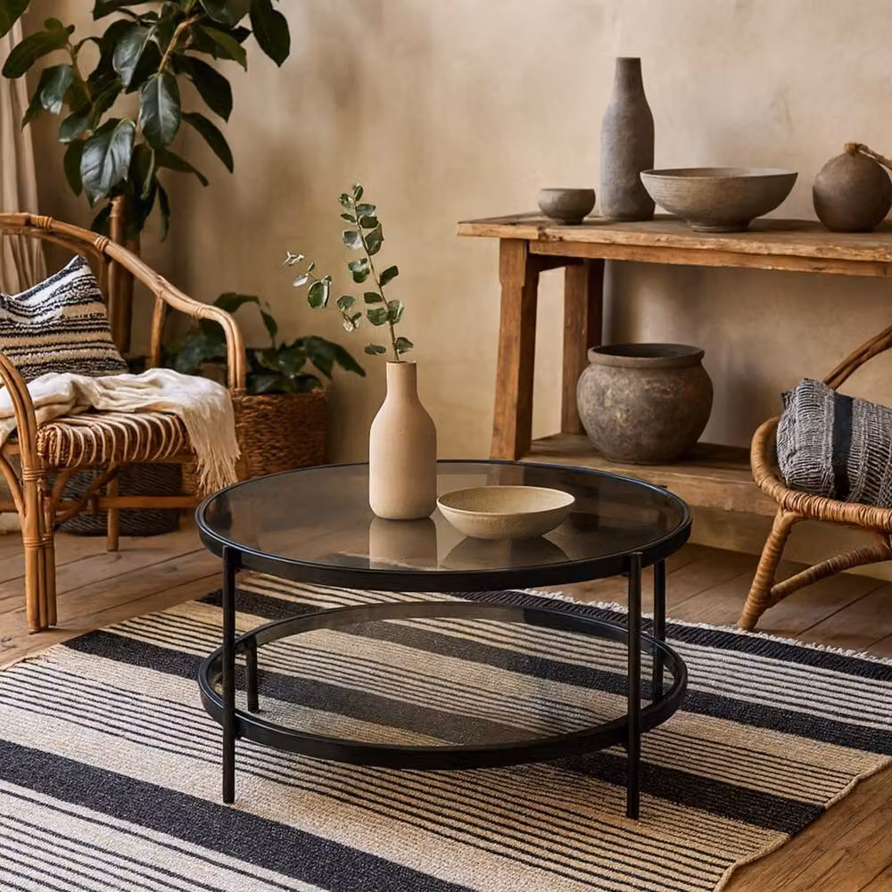 Wyld Haus Featheroak Round Smoked Glass Coffee Table in Grey with Black Metal Legs – 3