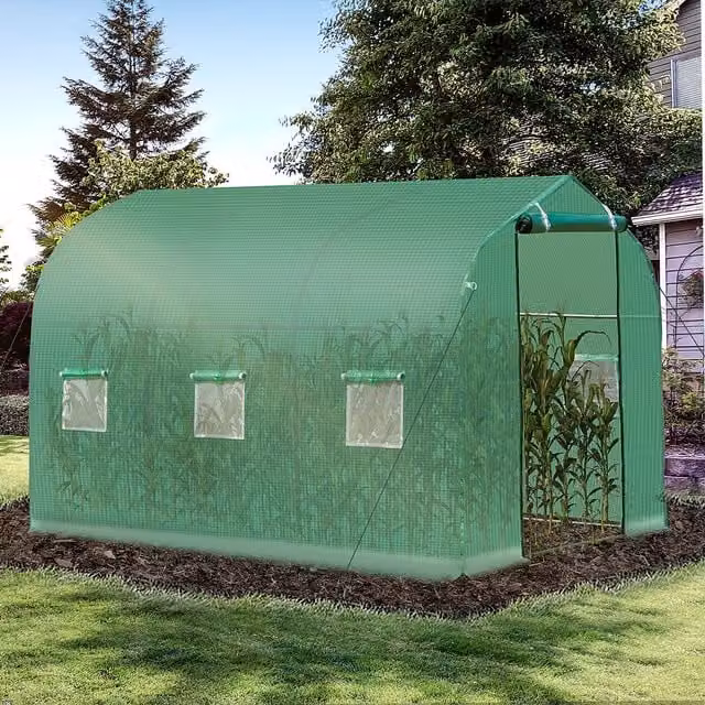 OUTSUNNY Green Walk-in Polytunnel Greenhouse with Galvanised Steel Frame and Zipped Door – 1