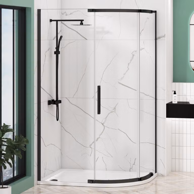 Royal Bathrooms Chelsea Matt Black Single Door Offset Quadrant Shower Enclosure with Mineral Cast Stone Tray and 8mm Easy Clean Glass, Height: 195 cm