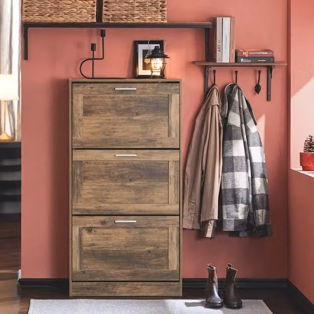 SoBuy Slim Flip-Down Shoe Cabinet in Rustic Brown and White with Tilting Compartments and Internal Shelves