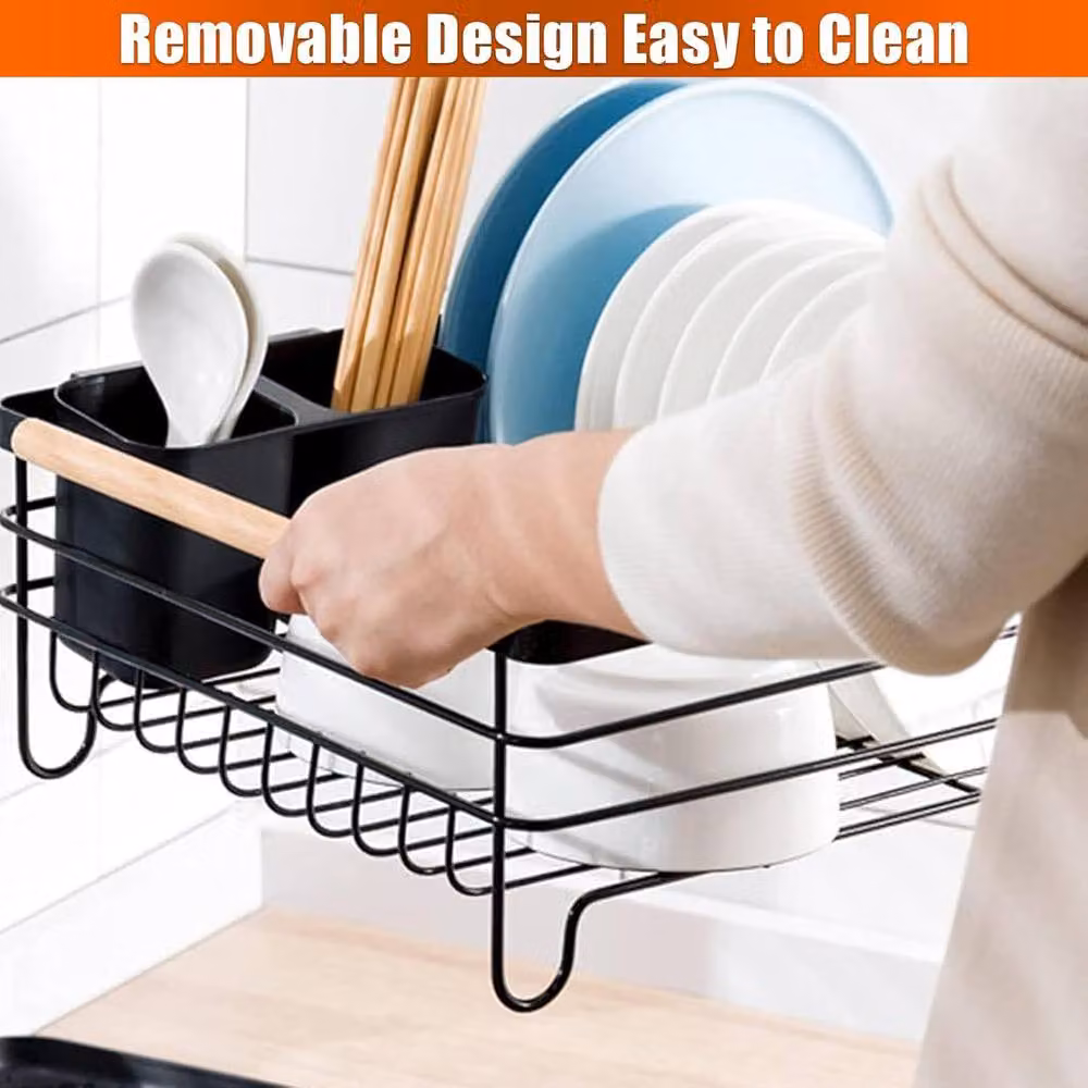 ATEK 1 Tier Black Steel Kitchen Dish Drainer Rack with Wooden Handle, Cutlery Holder and Drip Tray – 7
