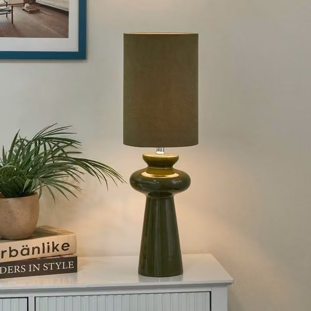 Wyld and Coco Green Ceramic Bedside Lamp with LED and Fabric Shade, Height: 62 cm