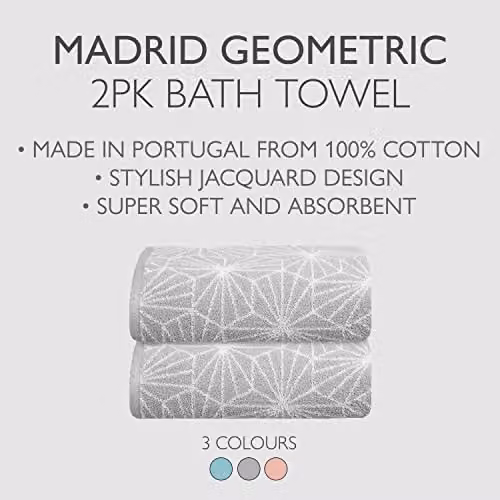 Allure Bath Fashions Pack of 2 Geometric Design Cotton Bath Towels, Grey, W: 70 cm, L: 125 cm – 1