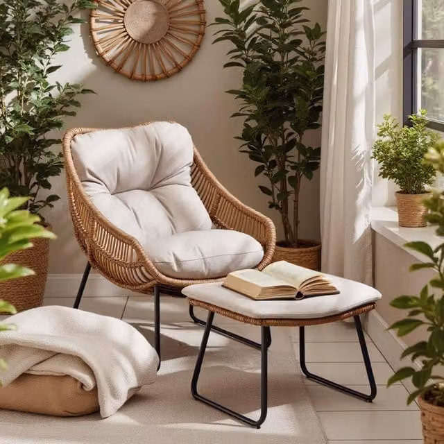 FurnitureboxUK Tahiti Beige Rattan Indoor and Outdoor Chair and Footstool Set – 1