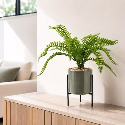 Leaf Design UK Artificial Fern in Green with Ceramic Planter Stand, Height: 40 cm – 1