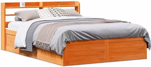 Berkfield Home Double Bed Frame with Headboard in Wax Brown Solid Pine Wood, W/D/H: 135 x 190 cm