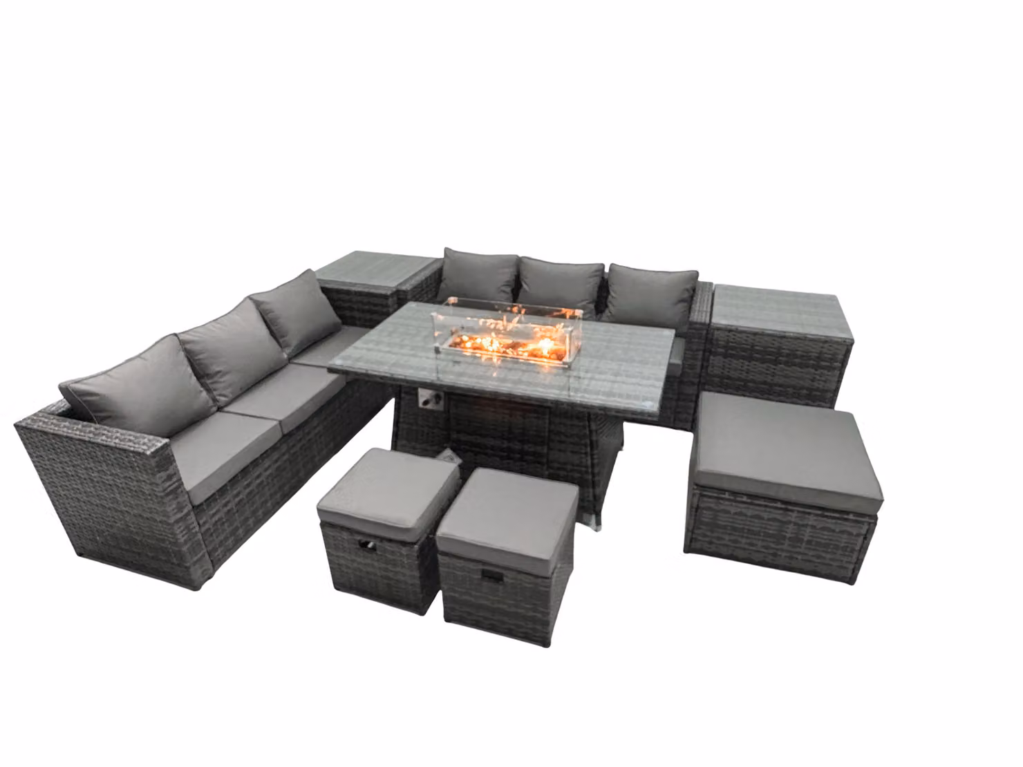 Fimous 9 Seater Rattan Garden Furniture Firepit Dining Set with Lounge Sofa, Table, 2 Side Tables and 3 Footstools in Dark Grey – 2