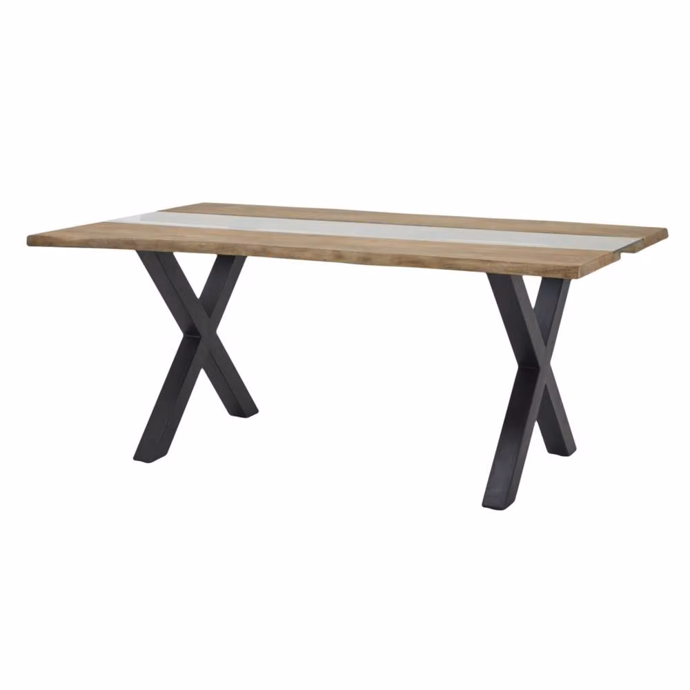 Wyld Haus Vouvant Live Edge Acacia Dining Table with Glass Inlay and Black X Frame in Natural – 2