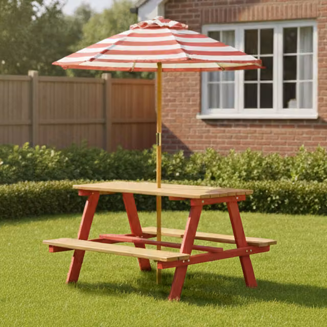 Teamson Kids Red Wooden Picnic Table with Striped Umbrella