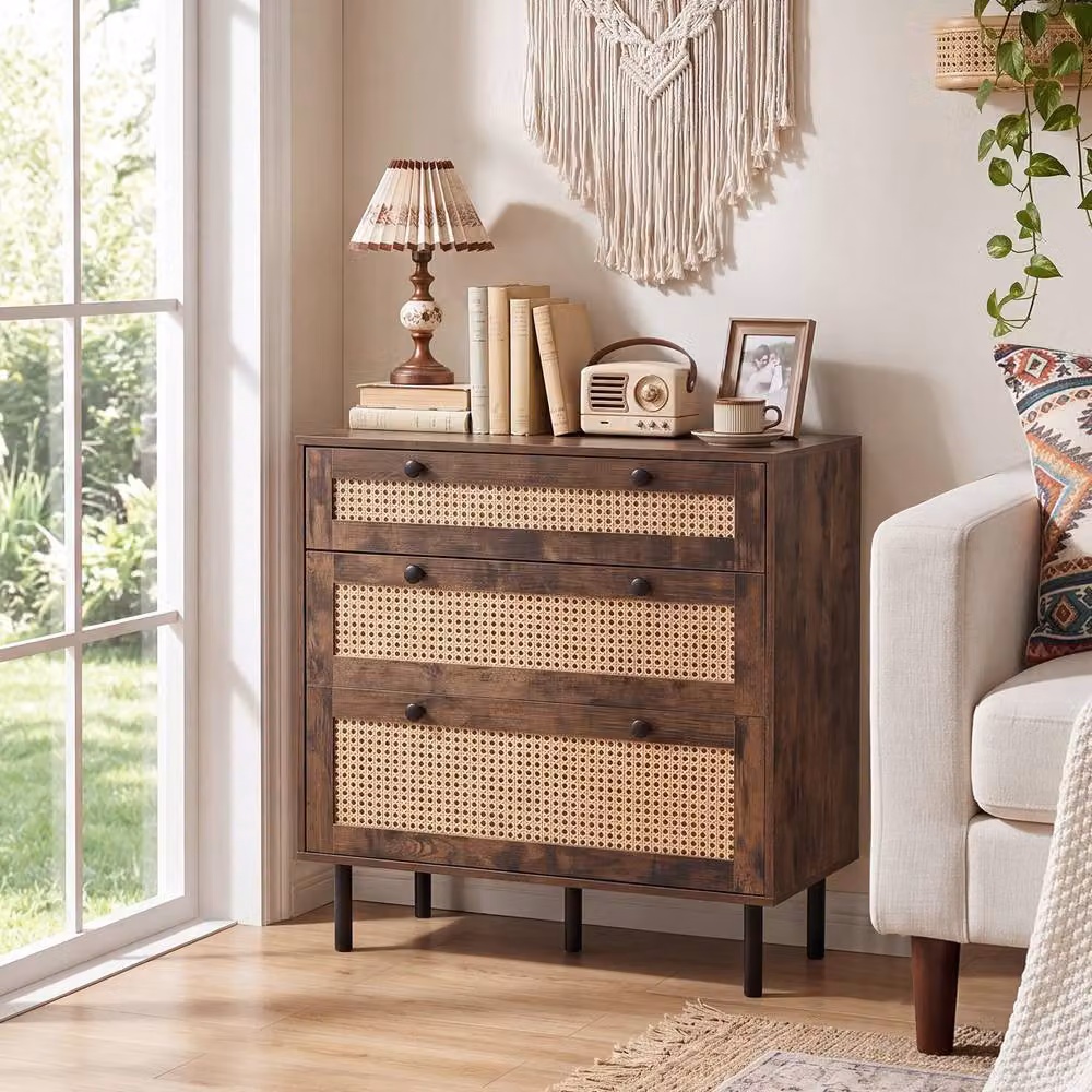 Gymax Boho Rattan Modern Chest of Drawers with 5 Metal Legs, Brown – 3