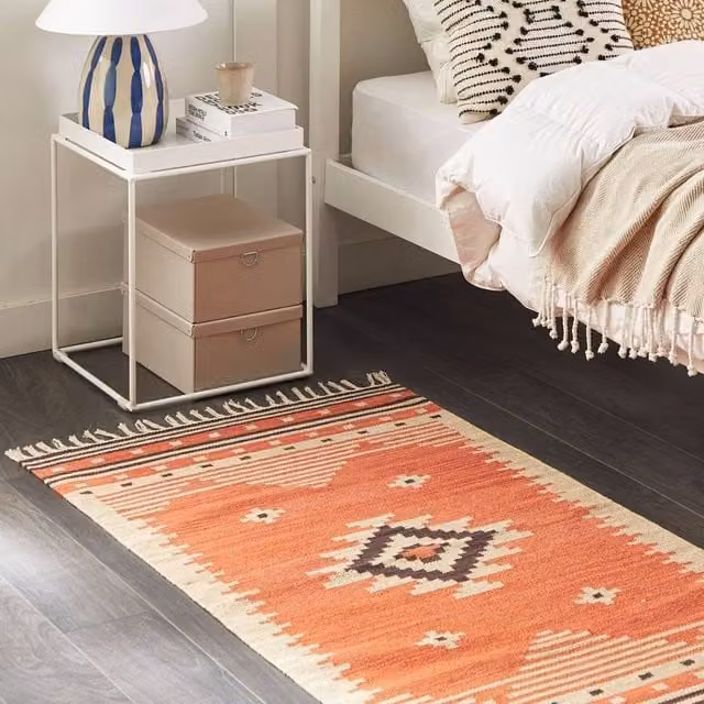 Wyld and Coco Multicolour Orange Kilim Cotton Rug, Reversible Geometric Flat Weave, W: 80 cm, L: 150 cm – 1