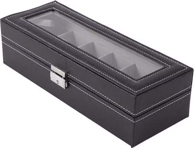 KORVIXA 6 Grid Jewelry Box Organizer with Clear Window and Lid, Black – 1