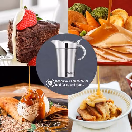 VonShef Stainless Steel Double Walled Insulated Gravy Boat with Lid and Drip Free Spout, Silver, 750ml – 6
