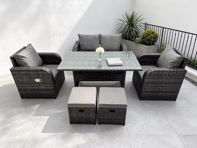 Fimous 6-Seater Grey Polyrattan Garden Furniture Set with Reclining Loveseat, Table and Stools
