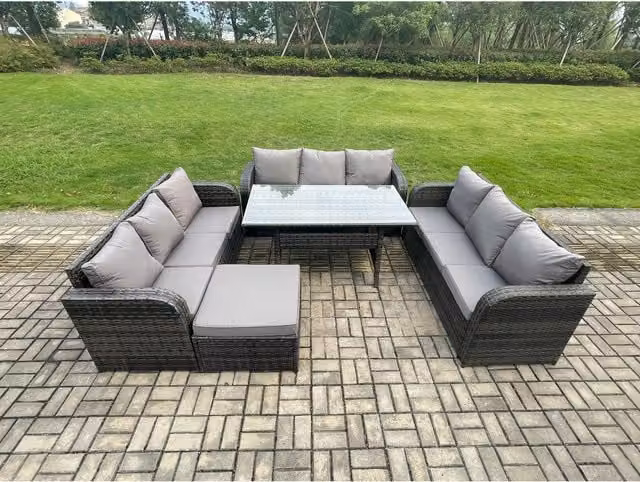 Fimous 10-Seater Outdoor Rattan Garden Furniture Set in Dark Grey Mixed with Galvanised Steel and Glass