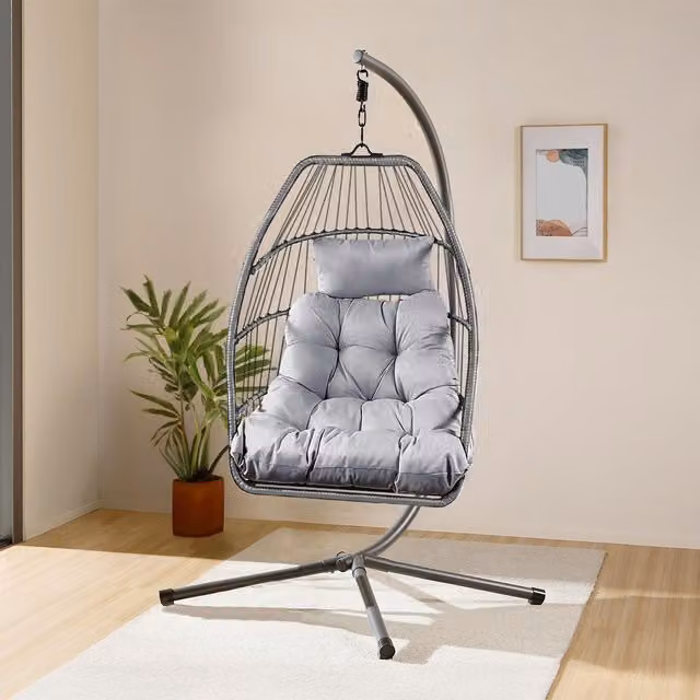 Home Republic Miami Hanging Egg Chair with Cushion in Grey Rattan – 1