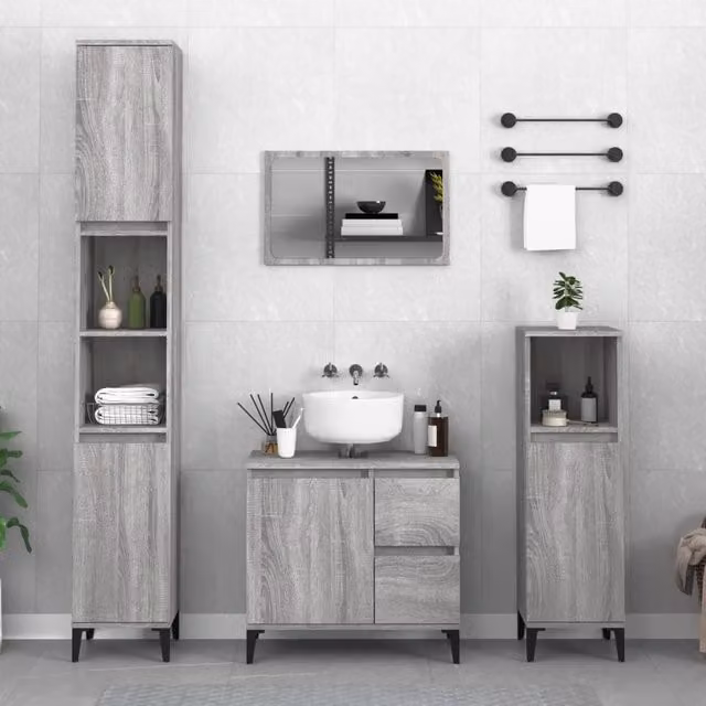 Berkfield Home 3 Piece Modern Grey Bathroom Cabinet Set with Tall Freestanding Unit and Hinged Doors