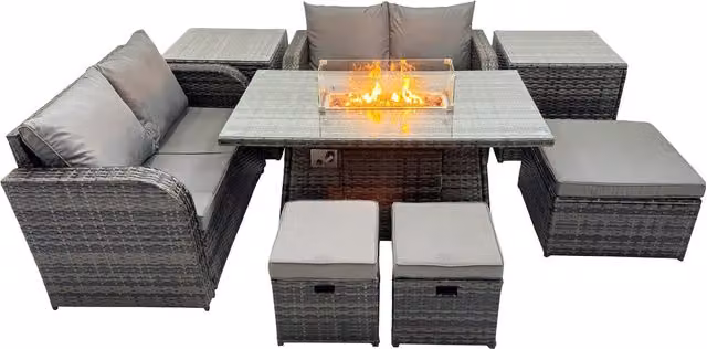 Fimous 7-Seater Gas Firepit Rattan Dining Set in Dark Grey with Sofas, 3 Stools and 2 Side Tables