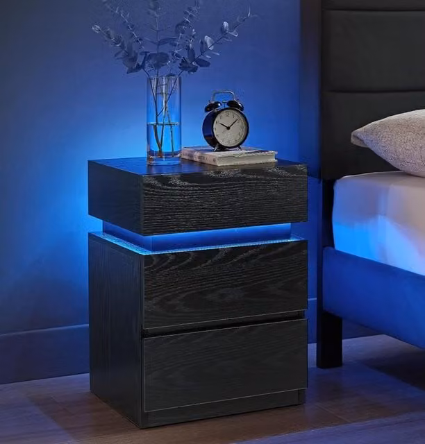 VASAGLE Modern Black Bedside Table with 3 Drawers and Integrated LED Lighting – 1