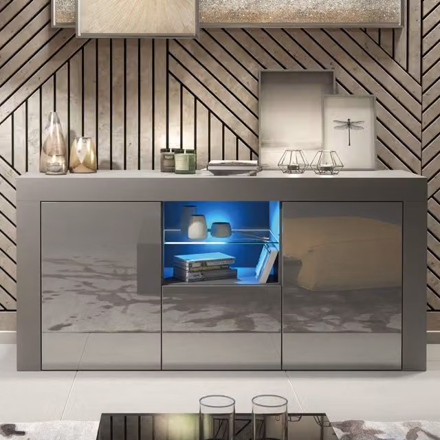 Creative Furniture Aurora Sideboard in Dark Grey with Glossy Doors and Integrated LED Lighting, W: 145 cm, D: 35 cm, H: 70 cm