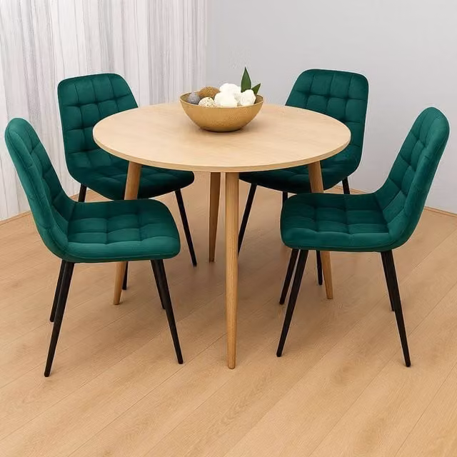 Kosy Koala Modern Round Dining Table Set with 4 Green Velvet Chairs and Brown Table